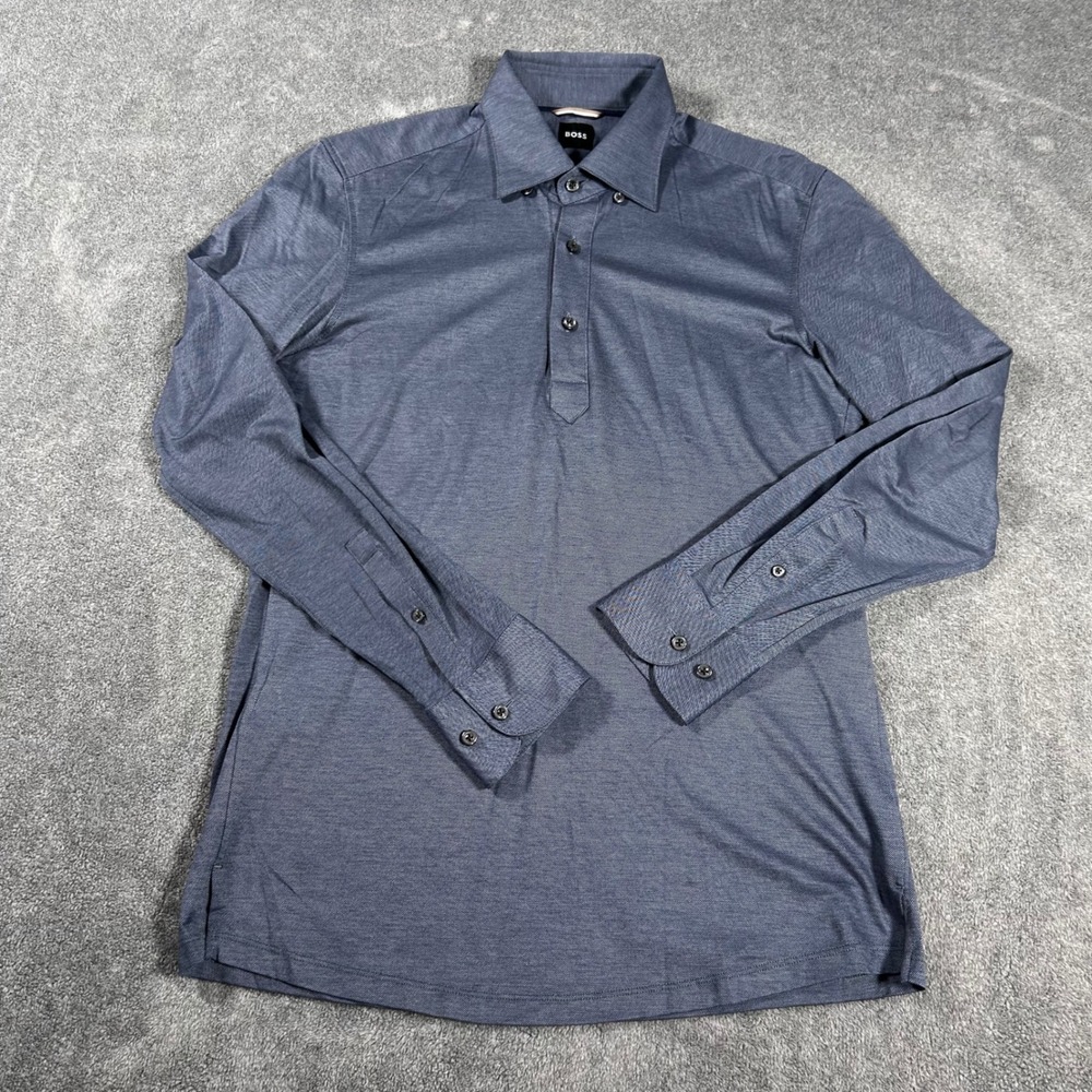 Hugo Boss Polo Shirt Long Sleeve Blue Textured Casual Fit Men US Small 15" EU 38